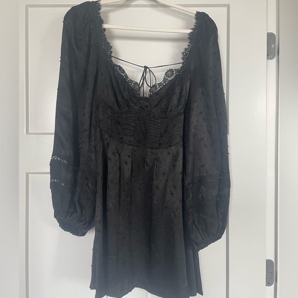 For Love and Lemons Black Silk Dress with corset style bodice and puff sleeves